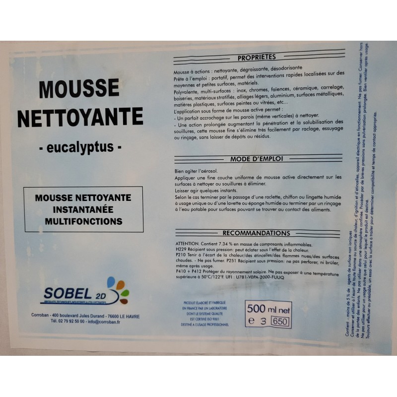 MOUSSE NETTOYANTE AEROSOL 500ML CORROBAN EUCALYPTUS MOUSSE NETTOYANTE AEROSOL 500ML CORROBAN EUCALYPTUS