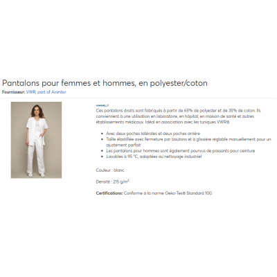 PANTALON FEMME DE LABORATOIRE POLYESTER/COTON T.46 VWR AVANTOR