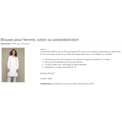 BLOUSE LABORATOIRE COL TAILLEUR COTON FEMME ML T.46 VWR