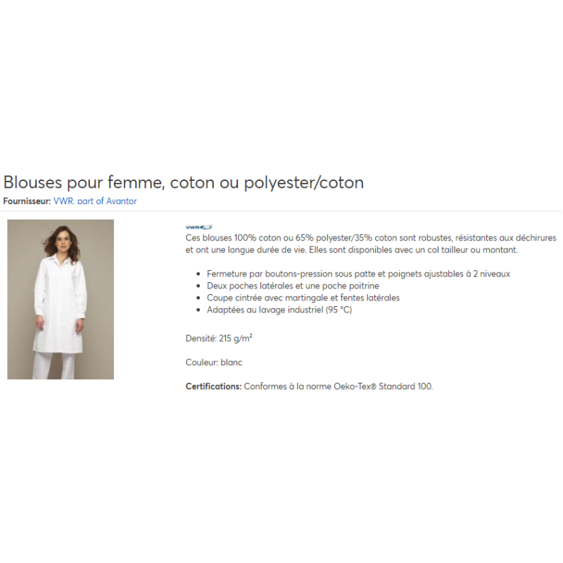 BLOUSE LABORATOIRE COL TAILLEUR COTON FEMME ML T.46 VWR