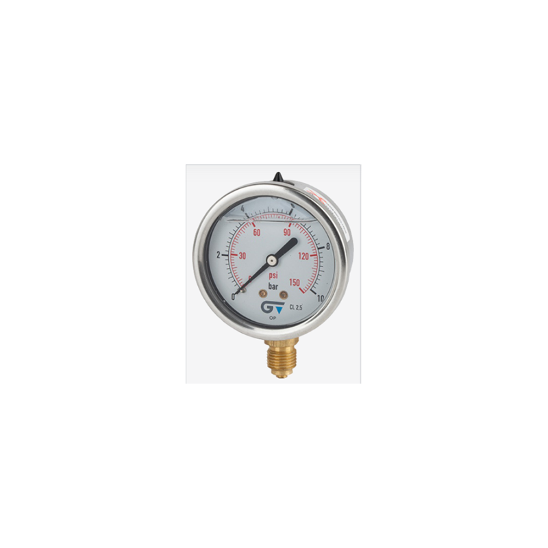 MANOMETRE 0-10 BARS Ø63MM INOX/LAITON G1/4', AVEC GLYCERINE, RADIAL
