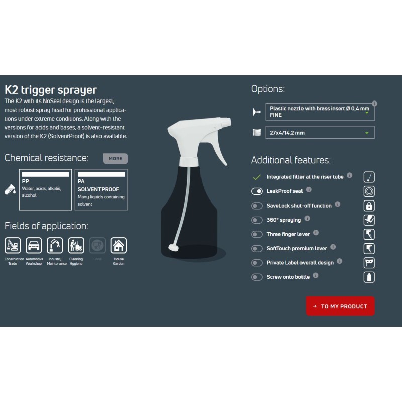 PULVERISATEUR A GACHETTE K1 27x4/14.2mm + BOUTEILLE PLATE 500ML
