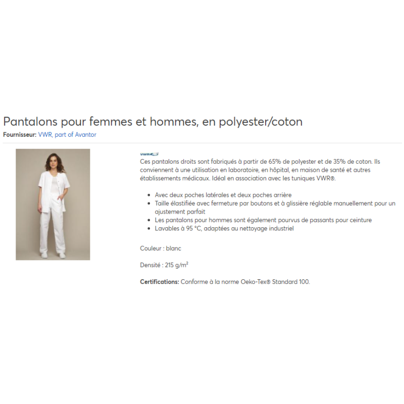 PANTALON FEMME DE LABORATOIRE POLYESTER/COTON T.44 VWR AVANTOR